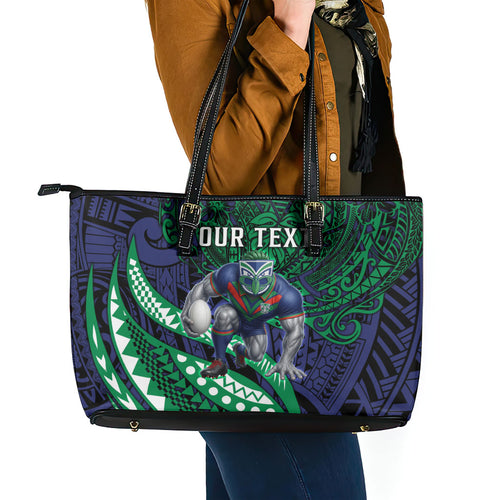 Personalised New Zealand Warriors Leather Tote Bag Polynesian Tribal Art Style With Fierce Warrior Mascot
