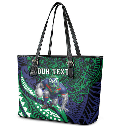 Personalised New Zealand Warriors Leather Tote Bag Polynesian Tribal Art Style With Fierce Warrior Mascot