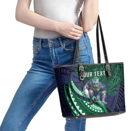 Personalised New Zealand Warriors Leather Tote Bag Polynesian Tribal Art Style With Fierce Warrior Mascot