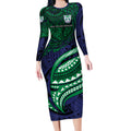 Personalised New Zealand Warriors Long Sleeve Bodycon Dress Polynesian Tribal Art Style With Fierce Warrior Mascot
