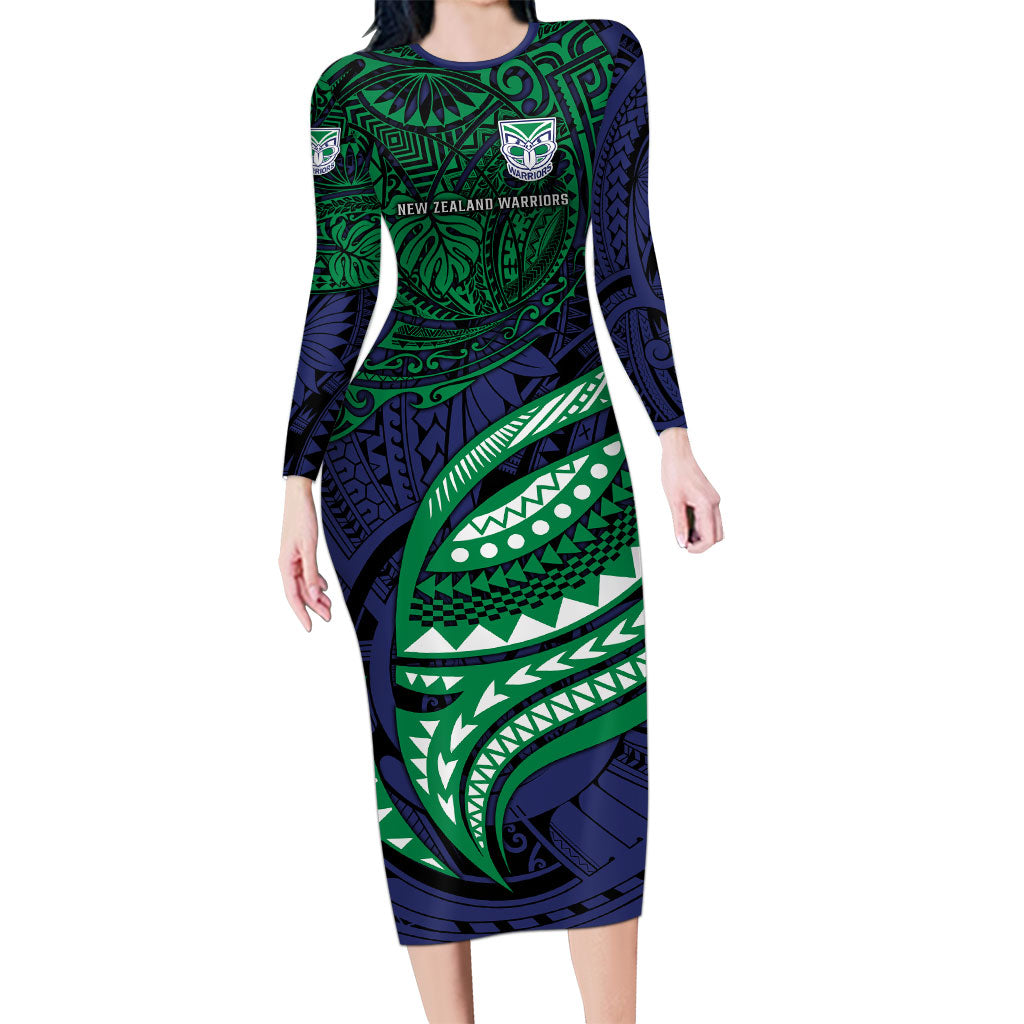 Personalised New Zealand Warriors Long Sleeve Bodycon Dress Polynesian Tribal Art Style With Fierce Warrior Mascot