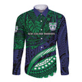 Personalised New Zealand Warriors Long Sleeve Button Shirt Polynesian Tribal Art Style With Fierce Warrior Mascot