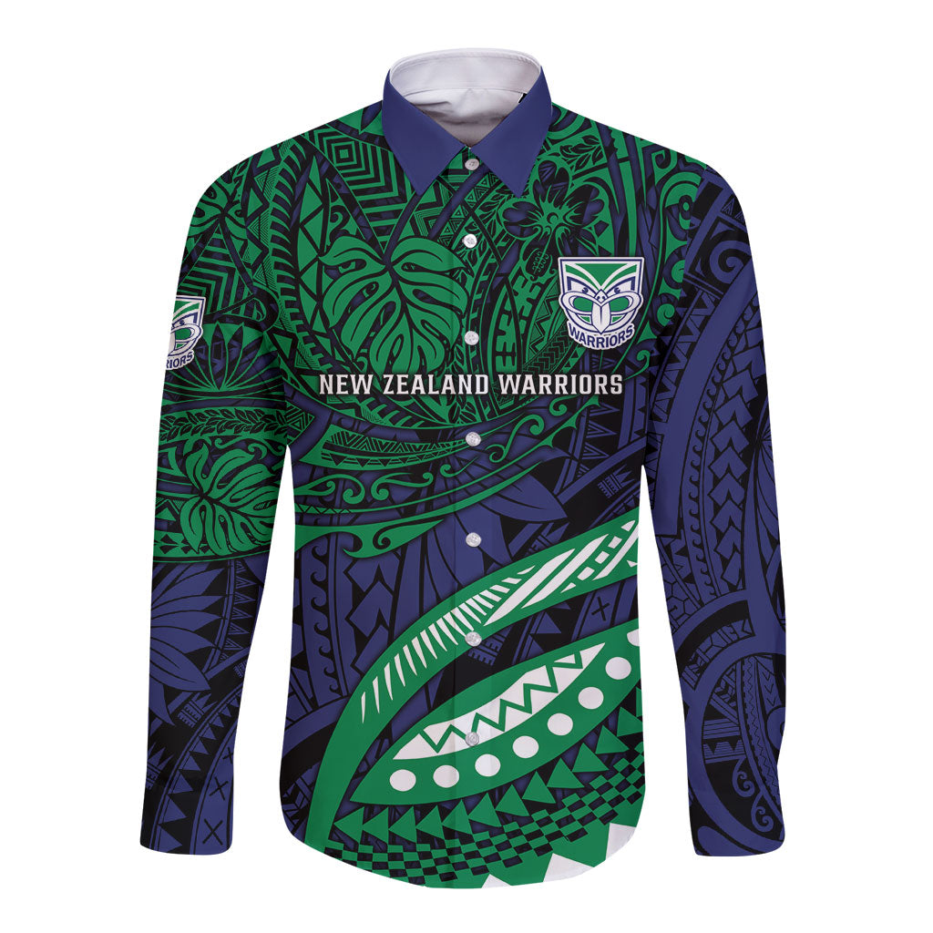 Personalised New Zealand Warriors Long Sleeve Button Shirt Polynesian Tribal Art Style With Fierce Warrior Mascot