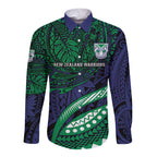 Personalised New Zealand Warriors Long Sleeve Button Shirt Polynesian Tribal Art Style With Fierce Warrior Mascot