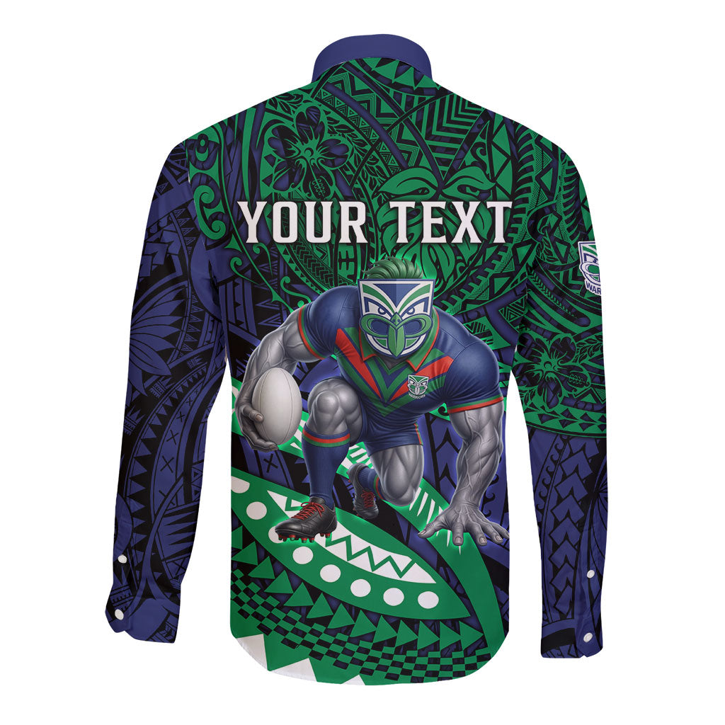 Personalised New Zealand Warriors Long Sleeve Button Shirt Polynesian Tribal Art Style With Fierce Warrior Mascot