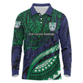 Personalised New Zealand Warriors Long Sleeve Polo Shirt Polynesian Tribal Art Style With Fierce Warrior Mascot