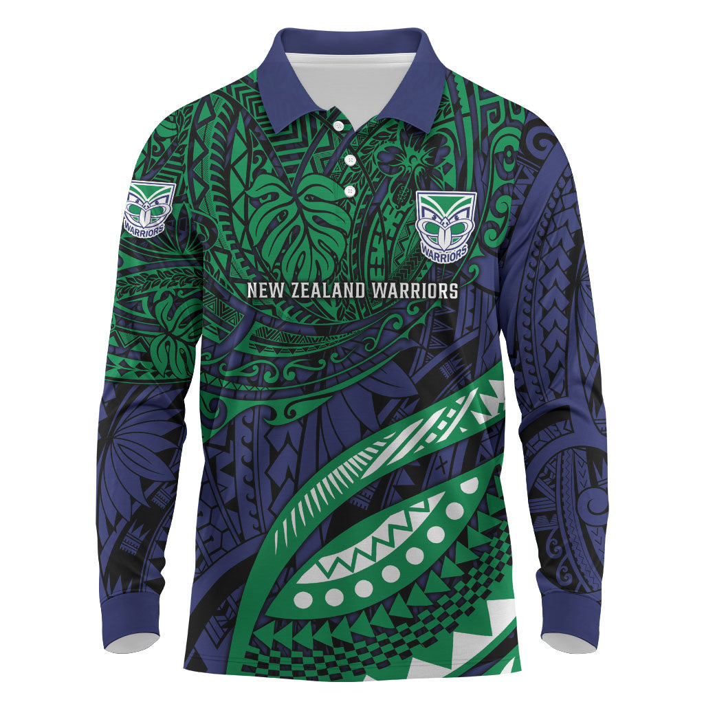 Personalised New Zealand Warriors Long Sleeve Polo Shirt Polynesian Tribal Art Style With Fierce Warrior Mascot