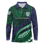 Personalised New Zealand Warriors Long Sleeve Polo Shirt Polynesian Tribal Art Style With Fierce Warrior Mascot
