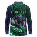 Personalised New Zealand Warriors Long Sleeve Polo Shirt Polynesian Tribal Art Style With Fierce Warrior Mascot