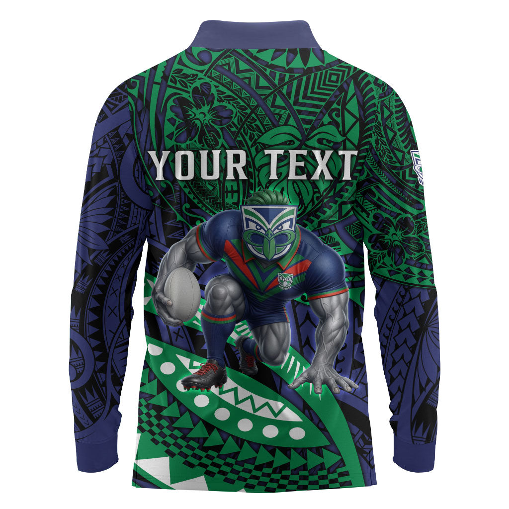 Personalised New Zealand Warriors Long Sleeve Polo Shirt Polynesian Tribal Art Style With Fierce Warrior Mascot