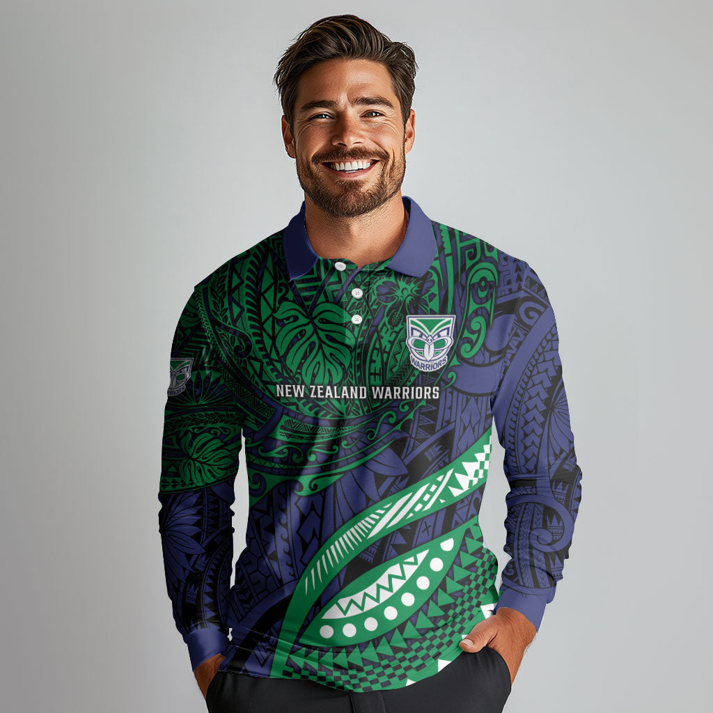 Personalised New Zealand Warriors Long Sleeve Polo Shirt Polynesian Tribal Art Style With Fierce Warrior Mascot