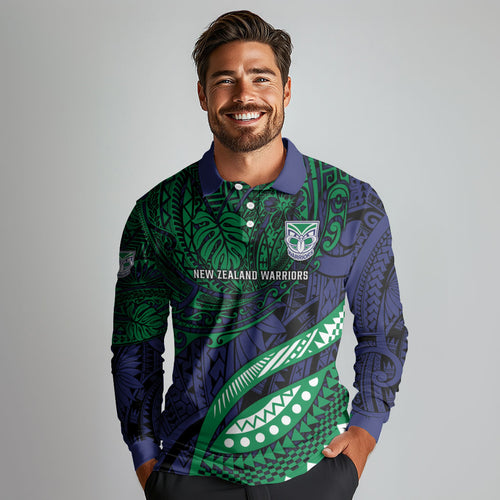 Personalised New Zealand Warriors Long Sleeve Polo Shirt Polynesian Tribal Art Style With Fierce Warrior Mascot