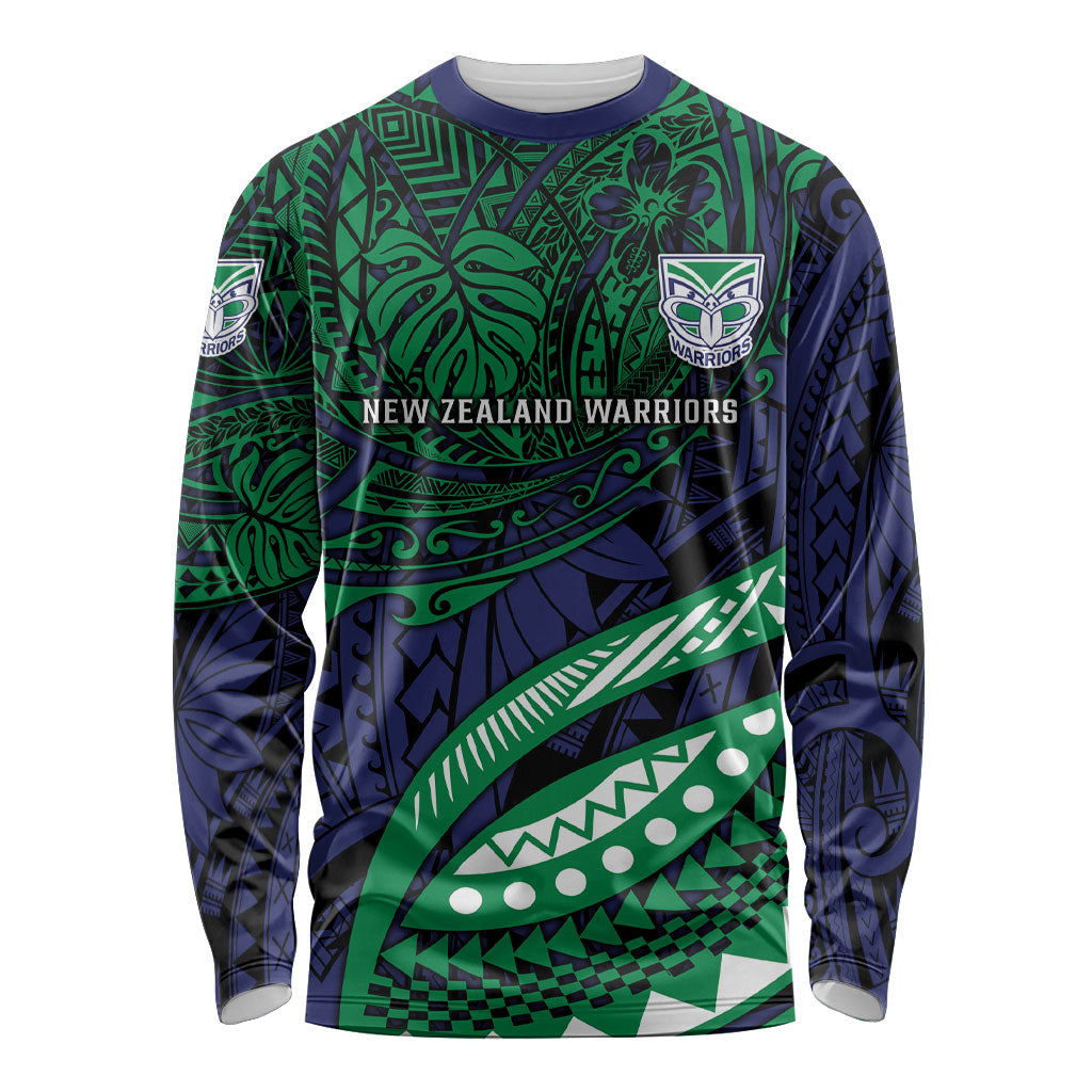 Personalised New Zealand Warriors Long Sleeve Shirt Polynesian Tribal Art Style With Fierce Warrior Mascot