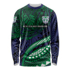 Personalised New Zealand Warriors Long Sleeve Shirt Polynesian Tribal Art Style With Fierce Warrior Mascot
