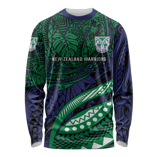 Personalised New Zealand Warriors Long Sleeve Shirt Polynesian Tribal Art Style With Fierce Warrior Mascot