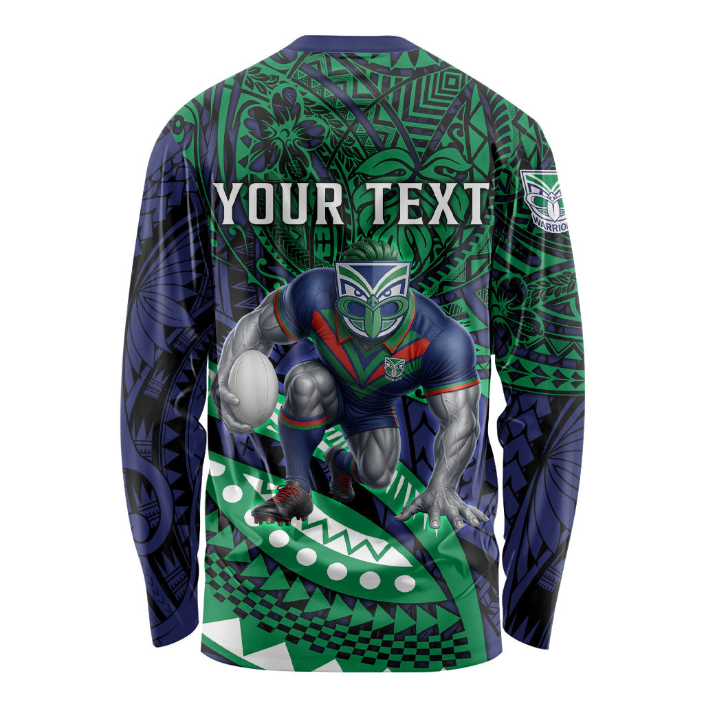 Personalised New Zealand Warriors Long Sleeve Shirt Polynesian Tribal Art Style With Fierce Warrior Mascot