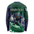 Personalised New Zealand Warriors Long Sleeve Shirt Polynesian Tribal Art Style With Fierce Warrior Mascot