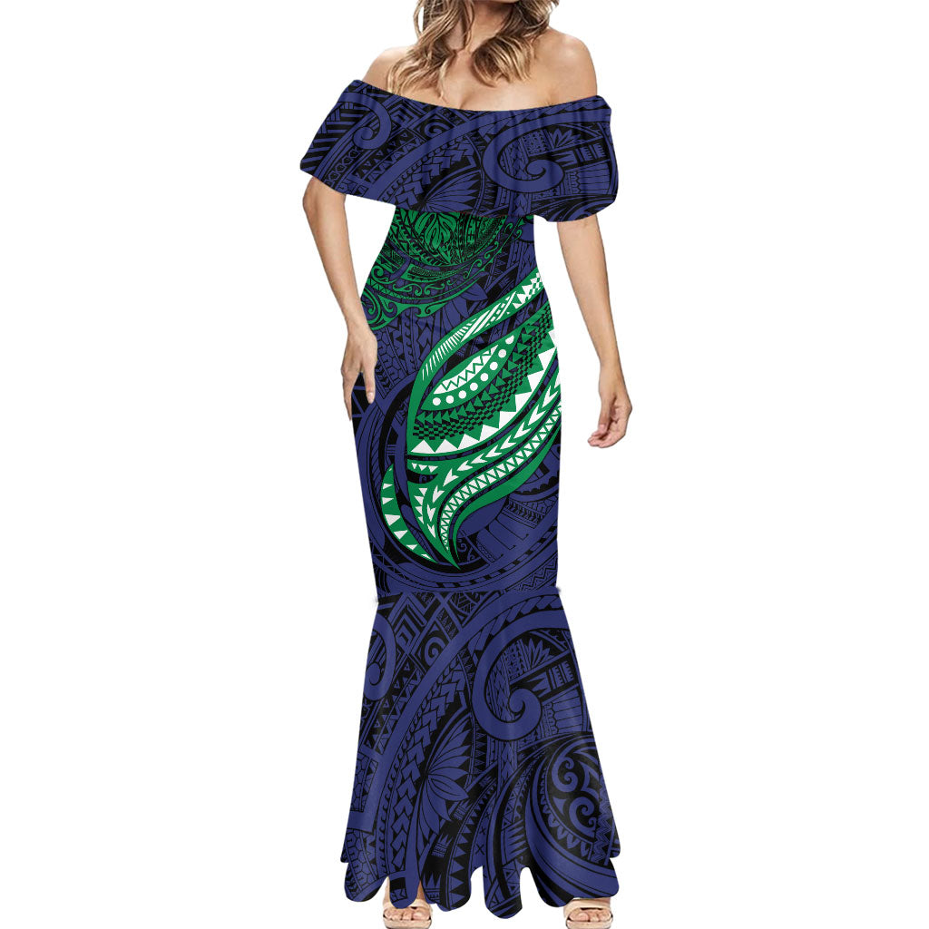 Personalised New Zealand Warriors Mermaid Dress Polynesian Tribal Art Style With Fierce Warrior Mascot