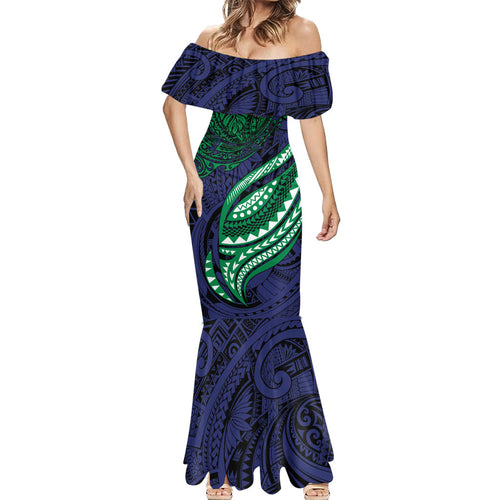 Personalised New Zealand Warriors Mermaid Dress Polynesian Tribal Art Style With Fierce Warrior Mascot