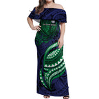 Personalised New Zealand Warriors Off Shoulder Maxi Dress Polynesian Tribal Art Style With Fierce Warrior Mascot