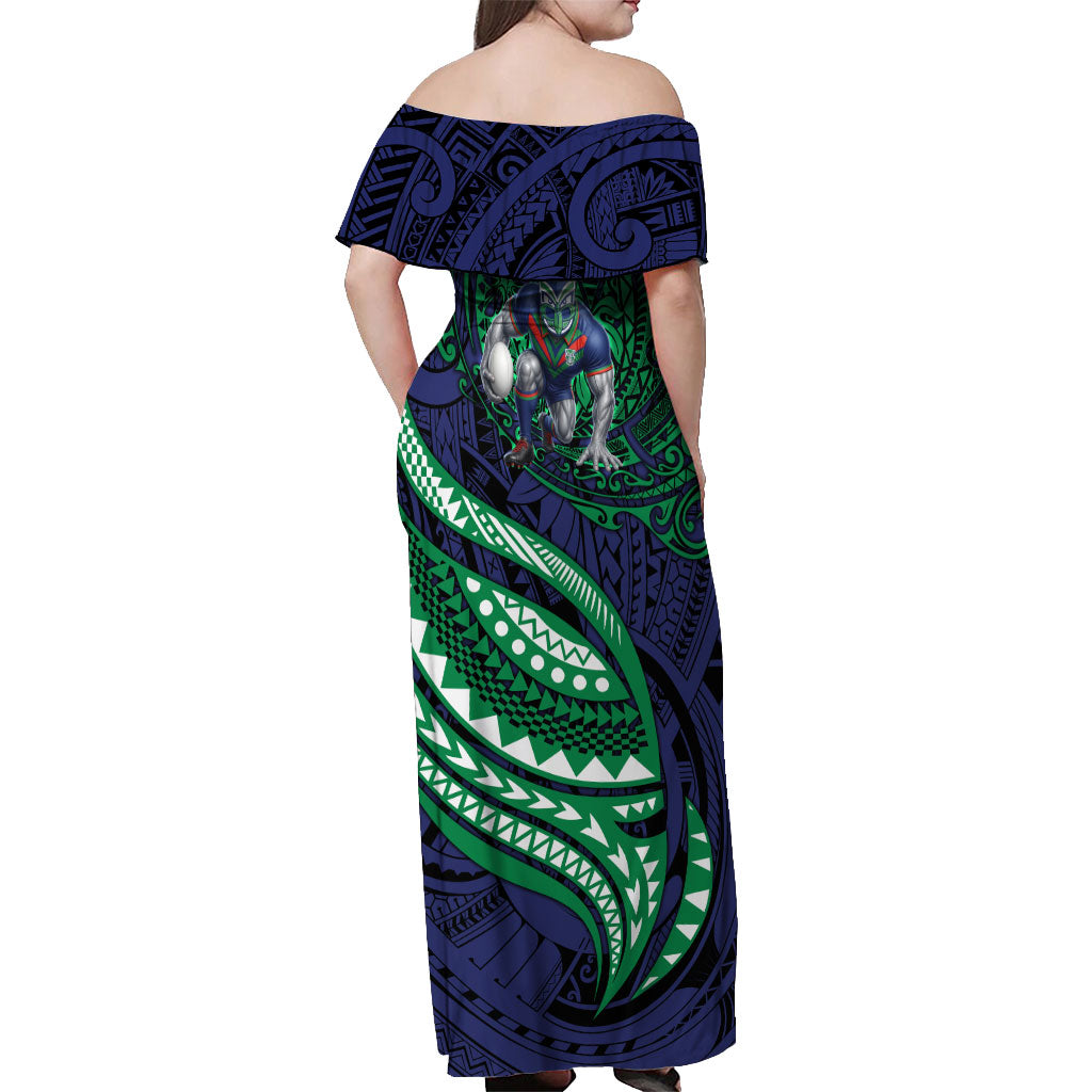 Personalised New Zealand Warriors Off Shoulder Maxi Dress Polynesian Tribal Art Style With Fierce Warrior Mascot