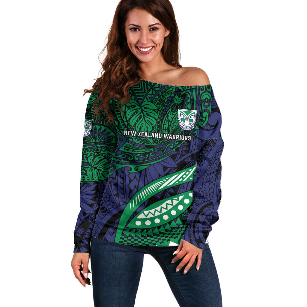 Personalised New Zealand Warriors Off Shoulder Sweater Polynesian Tribal Art Style With Fierce Warrior Mascot