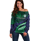 Personalised New Zealand Warriors Off Shoulder Sweater Polynesian Tribal Art Style With Fierce Warrior Mascot