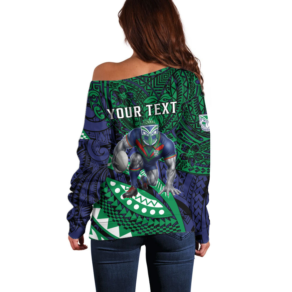 Personalised New Zealand Warriors Off Shoulder Sweater Polynesian Tribal Art Style With Fierce Warrior Mascot