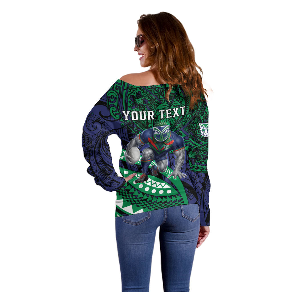 Personalised New Zealand Warriors Off Shoulder Sweater Polynesian Tribal Art Style With Fierce Warrior Mascot