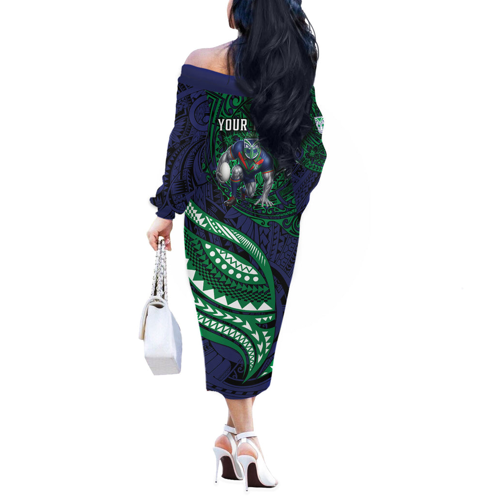 Personalised New Zealand Warriors Off The Shoulder Long Sleeve Dress Polynesian Tribal Art Style With Fierce Warrior Mascot