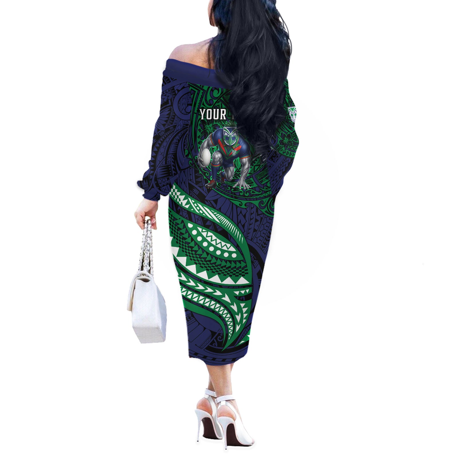 Personalised New Zealand Warriors Off The Shoulder Long Sleeve Dress Polynesian Tribal Art Style With Fierce Warrior Mascot