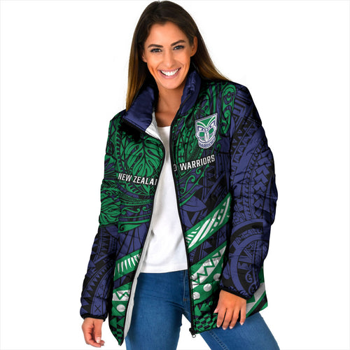 Personalised New Zealand Warriors Padded Jacket Polynesian Tribal Art Style With Fierce Warrior Mascot