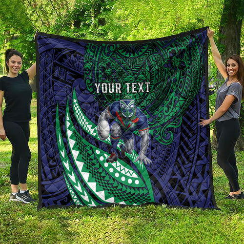 Personalised New Zealand Warriors Quilt Polynesian Tribal Art Style With Fierce Warrior Mascot