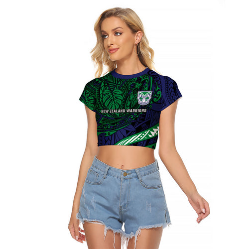 Personalised New Zealand Warriors Raglan Cropped T Shirt Polynesian Tribal Art Style With Fierce Warrior Mascot