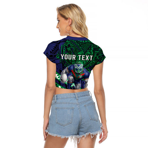 Personalised New Zealand Warriors Raglan Cropped T Shirt Polynesian Tribal Art Style With Fierce Warrior Mascot