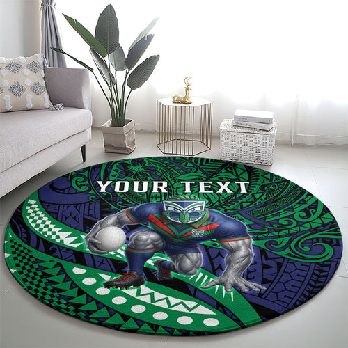 Personalised New Zealand Warriors Round Carpet Polynesian Tribal Art Style With Fierce Warrior Mascot