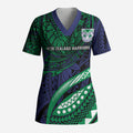 Personalised New Zealand Warriors Scrub Top Polynesian Tribal Art Style With Fierce Warrior Mascot