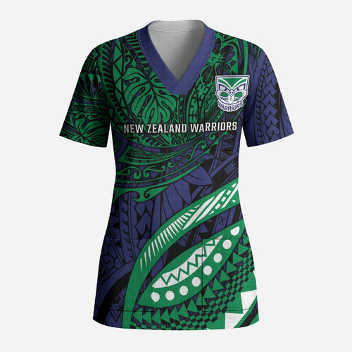 Personalised New Zealand Warriors Scrub Top Polynesian Tribal Art Style With Fierce Warrior Mascot