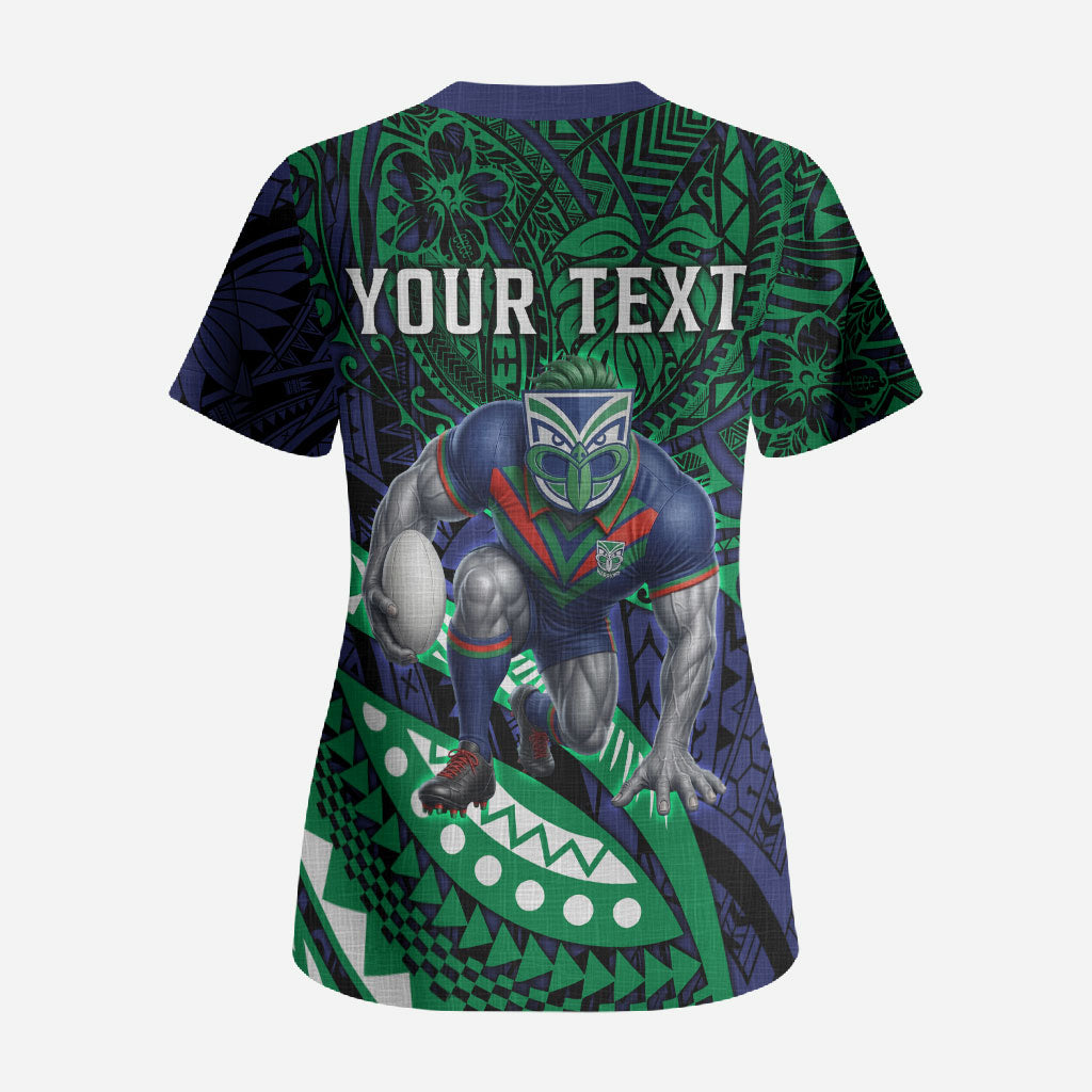 Personalised New Zealand Warriors Scrub Top Polynesian Tribal Art Style With Fierce Warrior Mascot