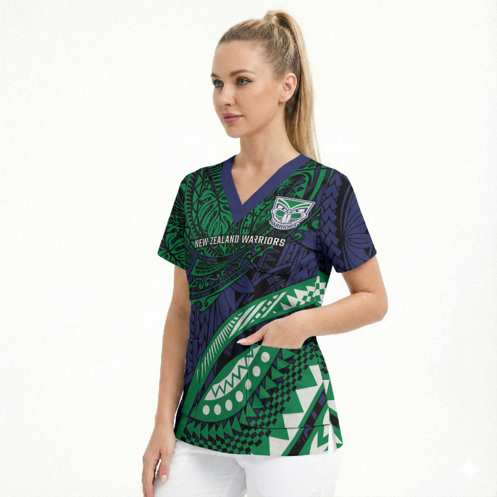 Personalised New Zealand Warriors Scrub Top Polynesian Tribal Art Style With Fierce Warrior Mascot