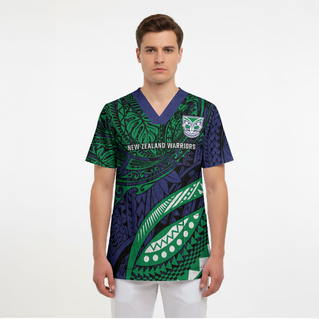 Personalised New Zealand Warriors Scrub Top Polynesian Tribal Art Style With Fierce Warrior Mascot