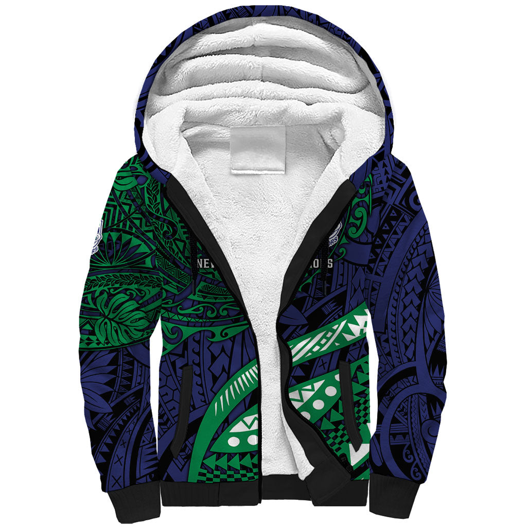 Personalised New Zealand Warriors Sherpa Hoodie Polynesian Tribal Art Style With Fierce Warrior Mascot