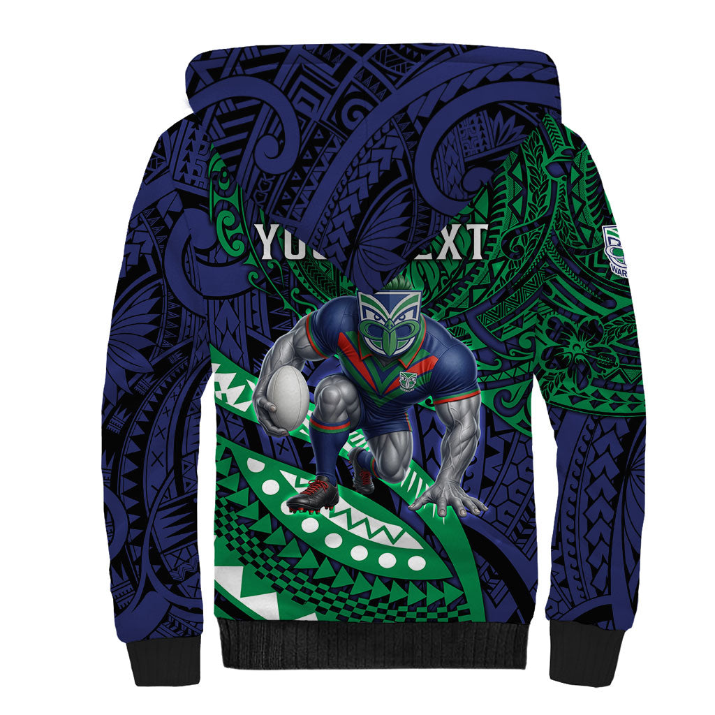 Personalised New Zealand Warriors Sherpa Hoodie Polynesian Tribal Art Style With Fierce Warrior Mascot