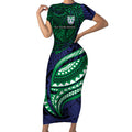 Personalised New Zealand Warriors Short Sleeve Bodycon Dress Polynesian Tribal Art Style With Fierce Warrior Mascot