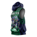 Personalised New Zealand Warriors Sleeveless Hoodie Polynesian Tribal Art Style With Fierce Warrior Mascot