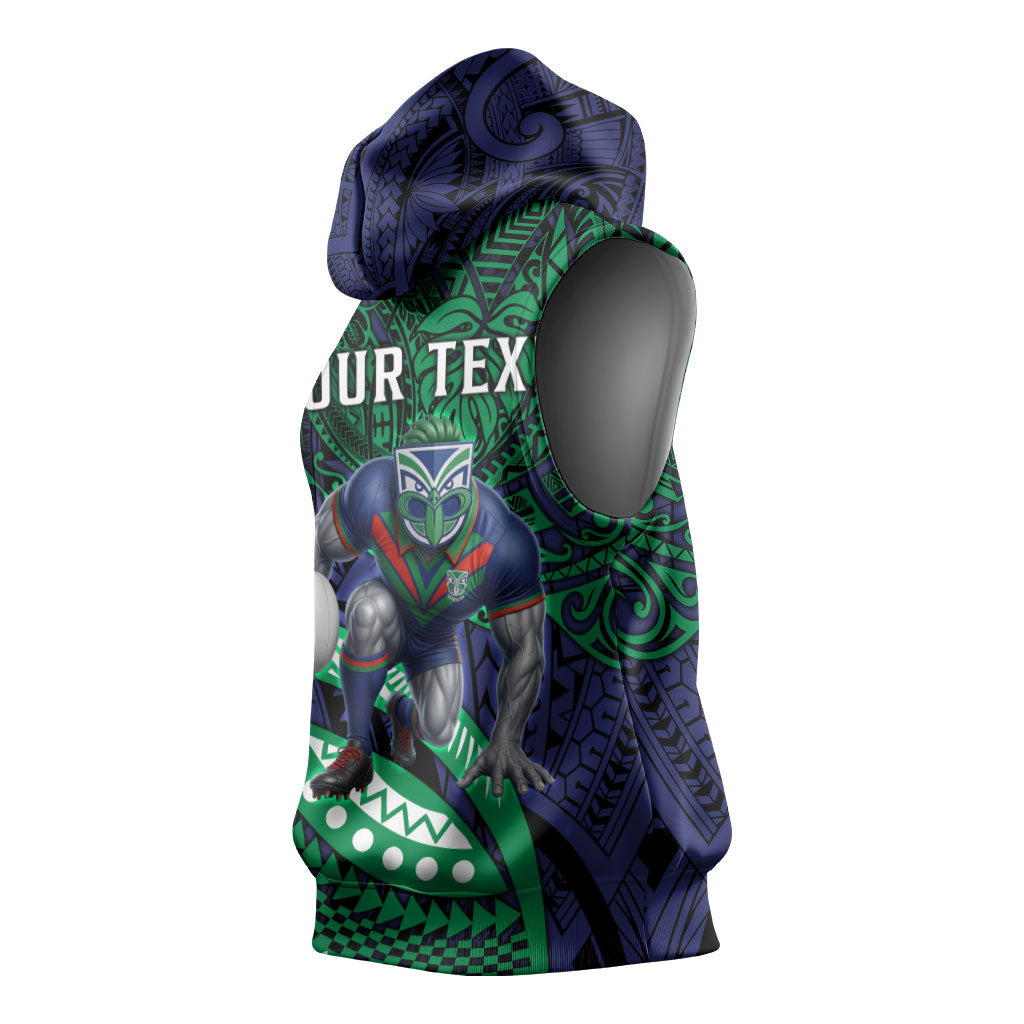 Personalised New Zealand Warriors Sleeveless Hoodie Polynesian Tribal Art Style With Fierce Warrior Mascot