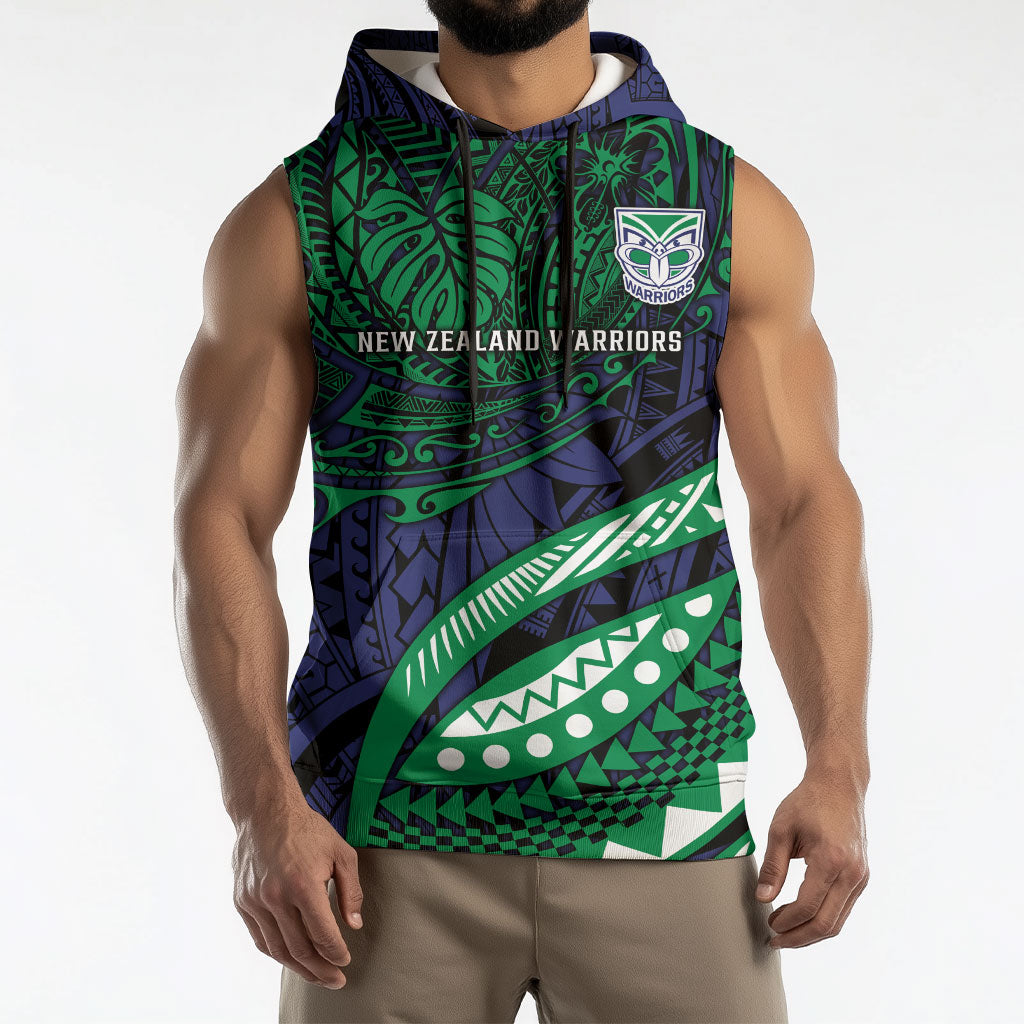 Personalised New Zealand Warriors Sleeveless Hoodie Polynesian Tribal Art Style With Fierce Warrior Mascot