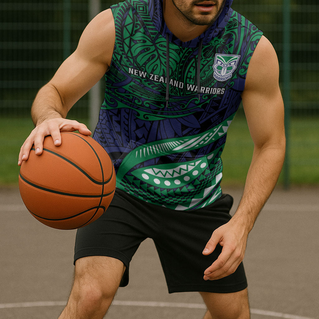 Personalised New Zealand Warriors Sleeveless Hoodie Polynesian Tribal Art Style With Fierce Warrior Mascot