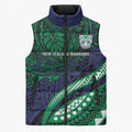 Personalised New Zealand Warriors Sleeveless Puffer Jacket Polynesian Tribal Art Style With Fierce Warrior Mascot