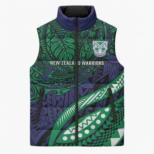 Personalised New Zealand Warriors Sleeveless Puffer Jacket Polynesian Tribal Art Style With Fierce Warrior Mascot